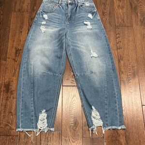 Distressed Blue Women's Barrel Jeans
